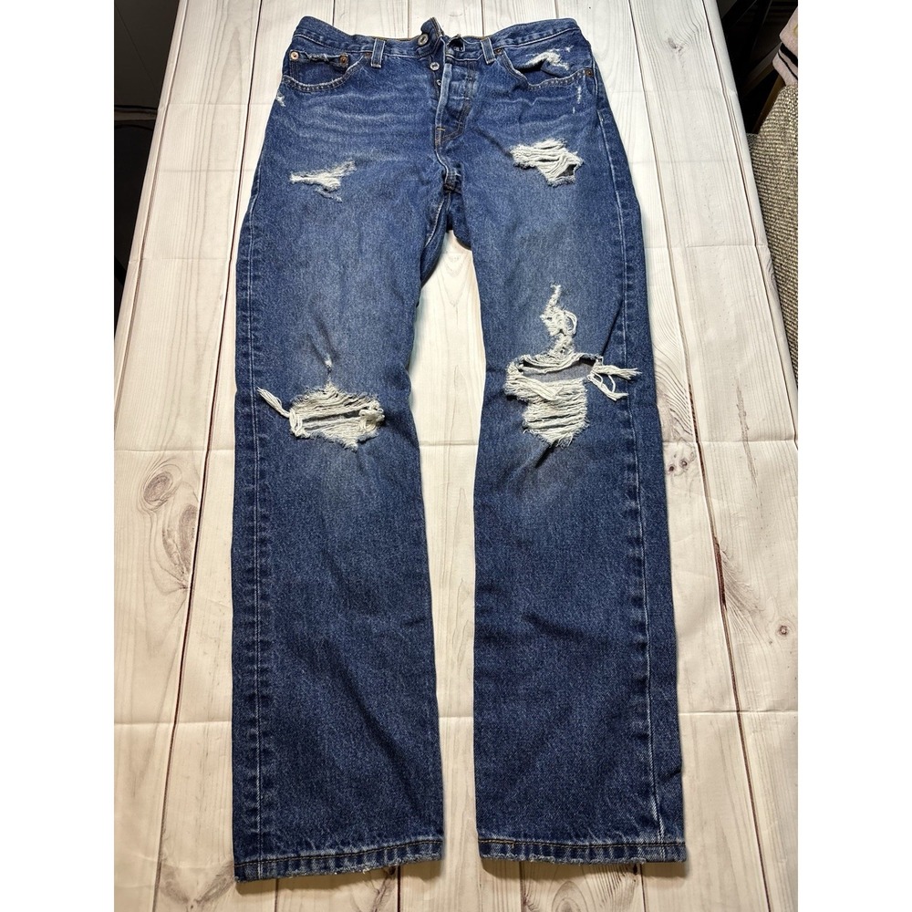 Levis 501 Women Medium Wash Ripped Denim Straight Leg Jeans 30x28